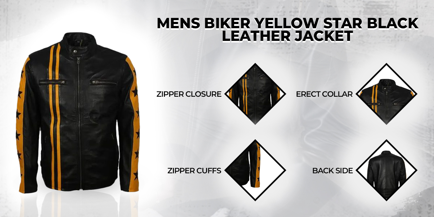 Mens Biker Yellow Star Black Leather Jacket