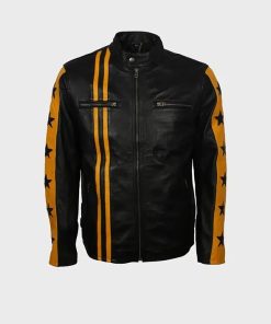Yellow Star Stripes Men’s Cafe Racer Black Leather Jacket