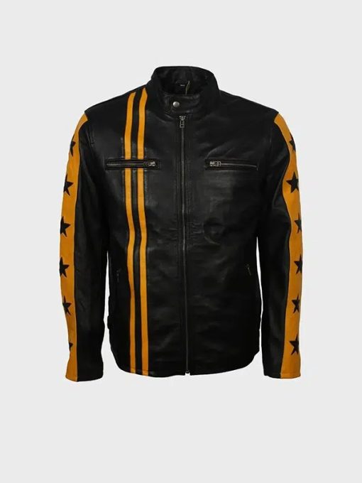 Yellow Star Stripes Men’s Cafe Racer Black Leather Jacket