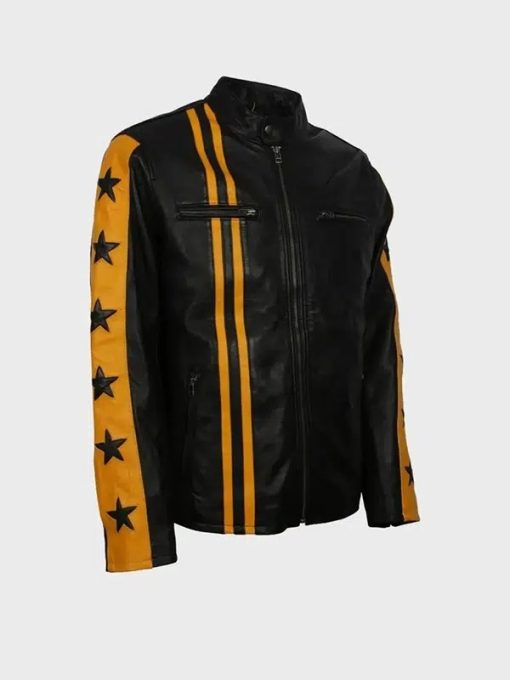 Mens Biker Yellow Star Black Leather Jacket