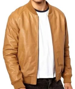 Mens Casual Tan Brown Bomber Leather Jacket