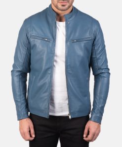 Mens Blue Leather Biker Jacket
