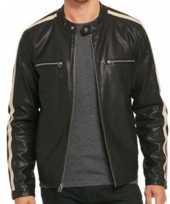 Red And White Stripes Men’s Black Leather Biker Jacket