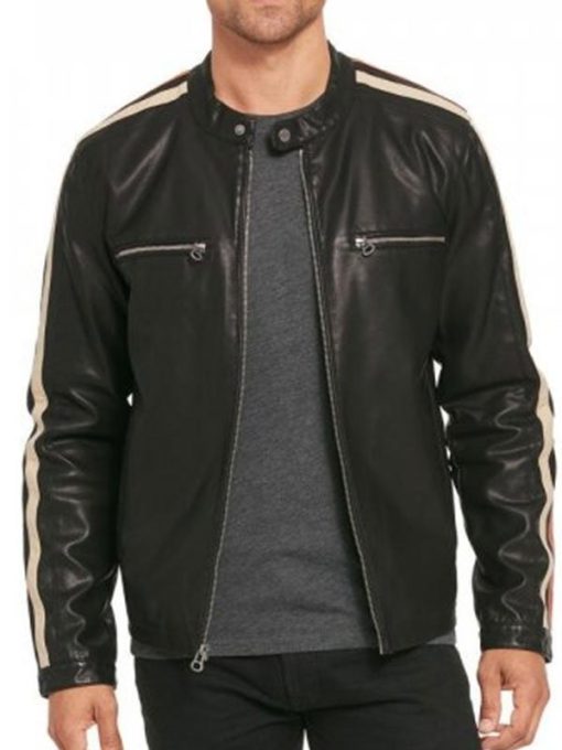 Red And White Stripes Men’s Black Leather Biker Jacket
