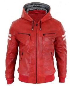 Red Bomber Leather Hooded Jacket for Men’s