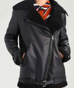 Womens Black Shearling Aviator Leather Jacket