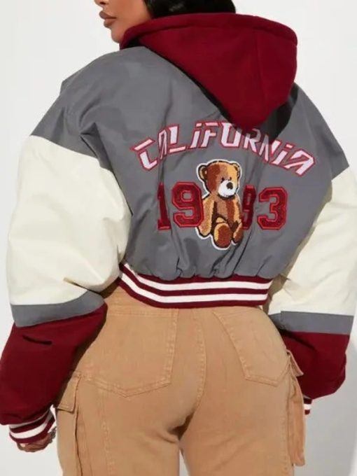 Cali Teddy Bear Cropped Multicolor Varsity Jacket
